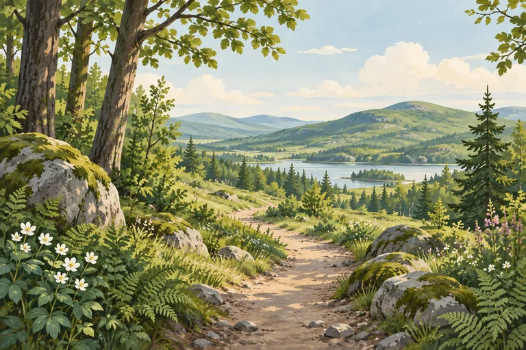A painted woodland trail winding toward gentle green hills.